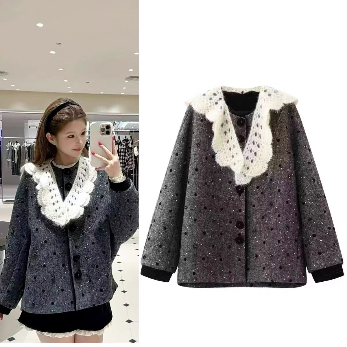 【妮妮】秋冬新款时尚可拆卸花边领波点宽松休闲风衣外套3093