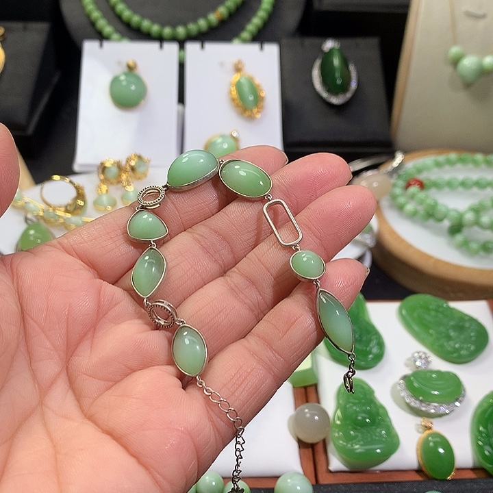 银S925镶嵌手链和田玉（碧玉）浅****薇