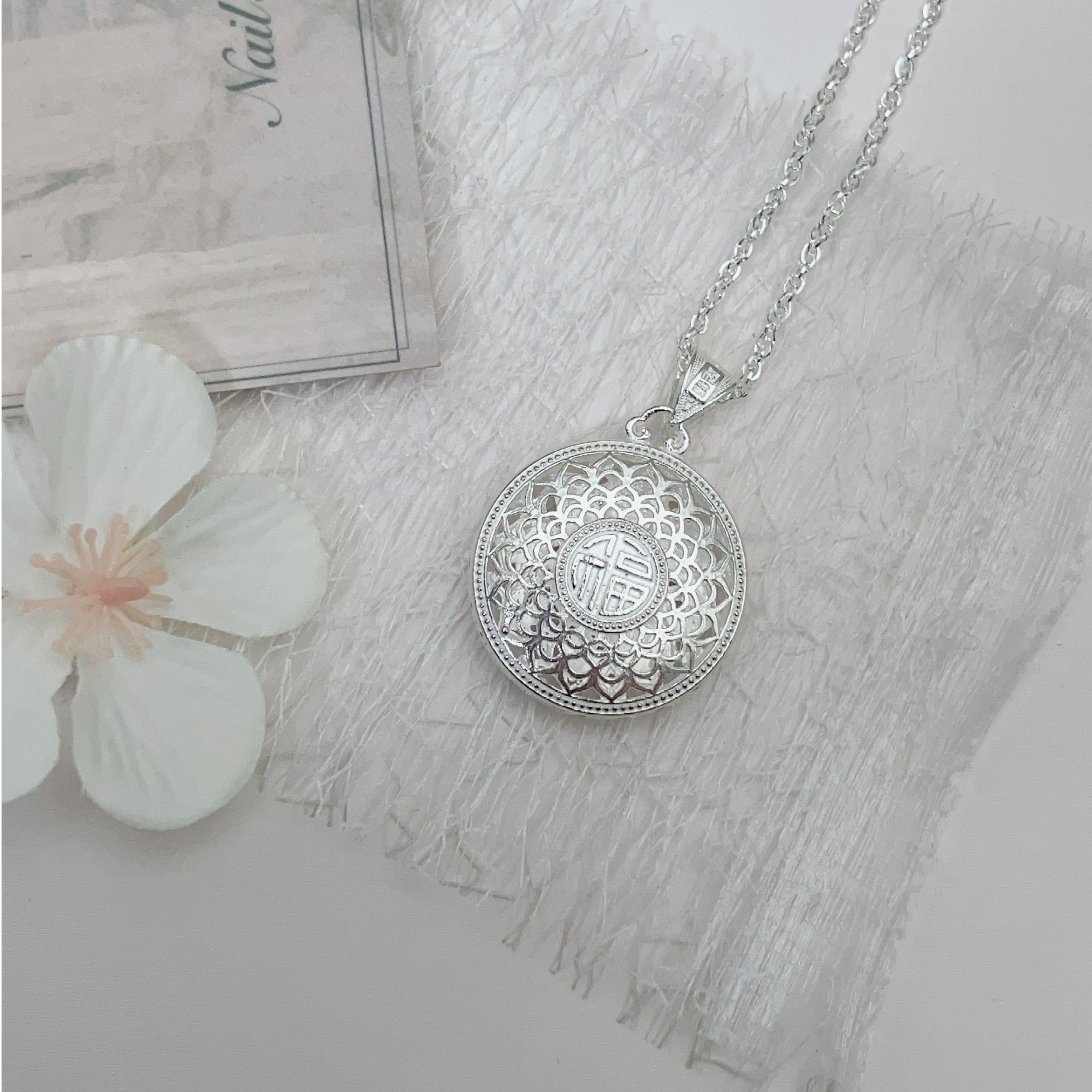 坠链均足银 黔艺银阁纯手工小号八宝罗盘+水波链套链