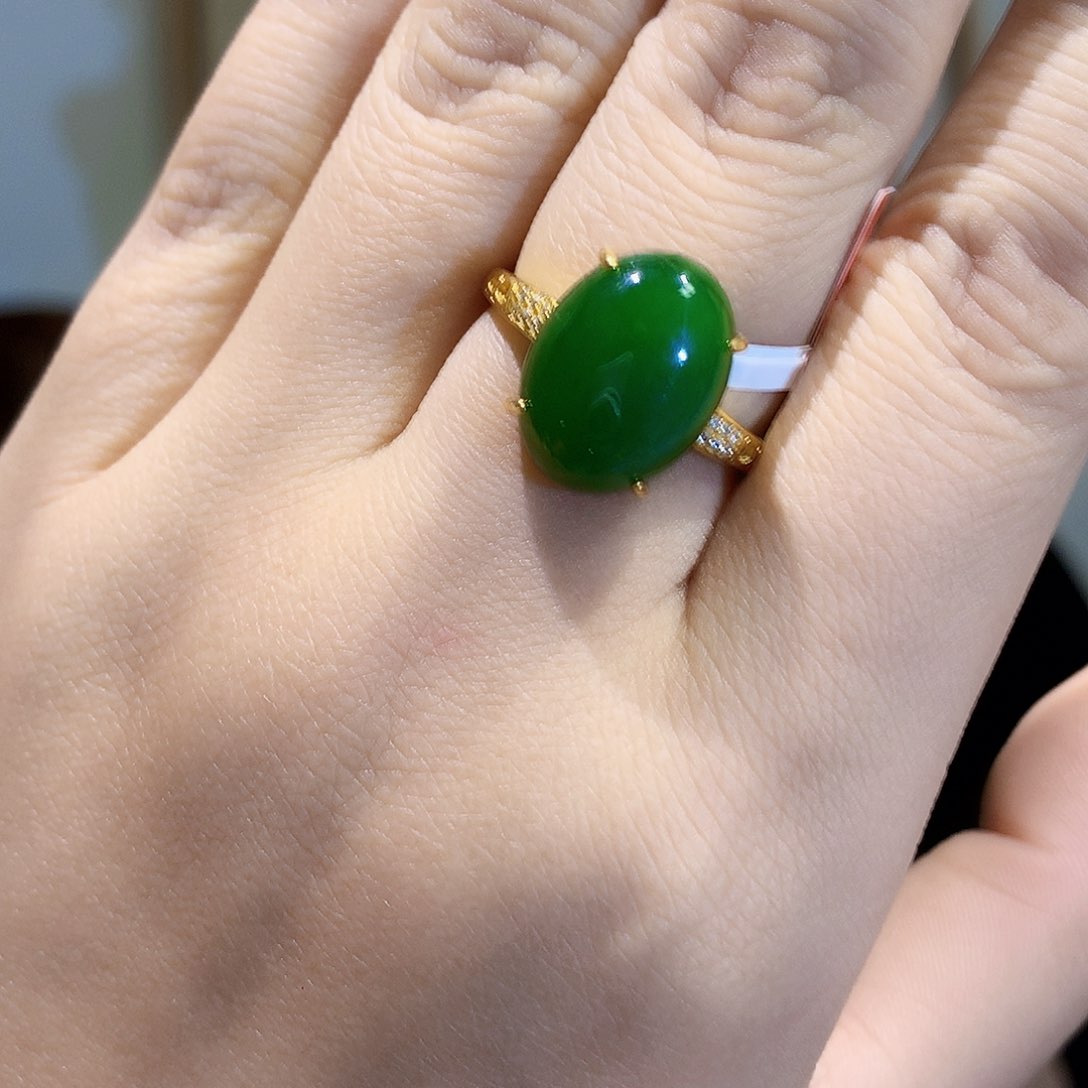 和田玉（碧玉）戒指银S925镀金镶嵌