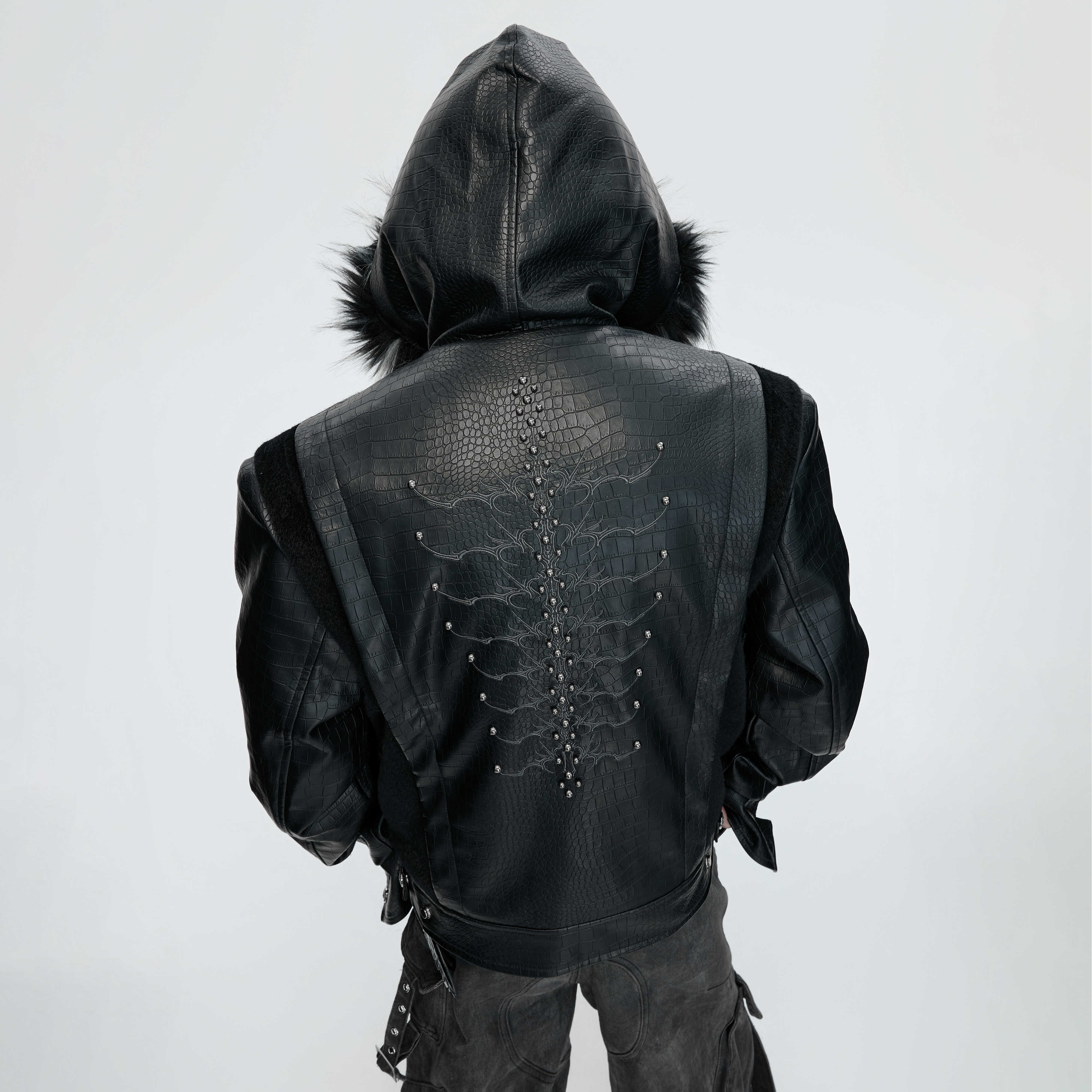 ArguECulturE煞影*拼鳄鱼纹连帽座山雕加绒加厚棉服夹克外套