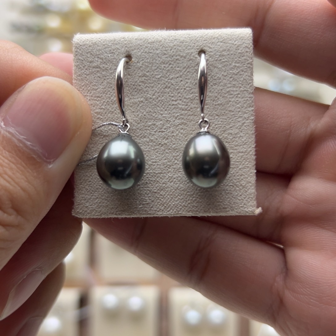 银S925镶嵌耳环海水珍珠9.7mm大溪地水滴耳钩
