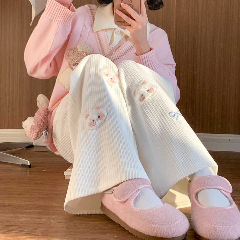 森女部落甜美风高腰阔腿裤女新款秋冬百搭加绒休闲裤