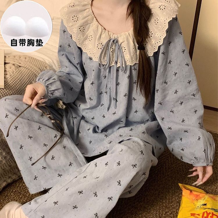 100%云朵棉带胸垫高档长袖长裤韩版大码两件套外穿新款睡衣女秋冬