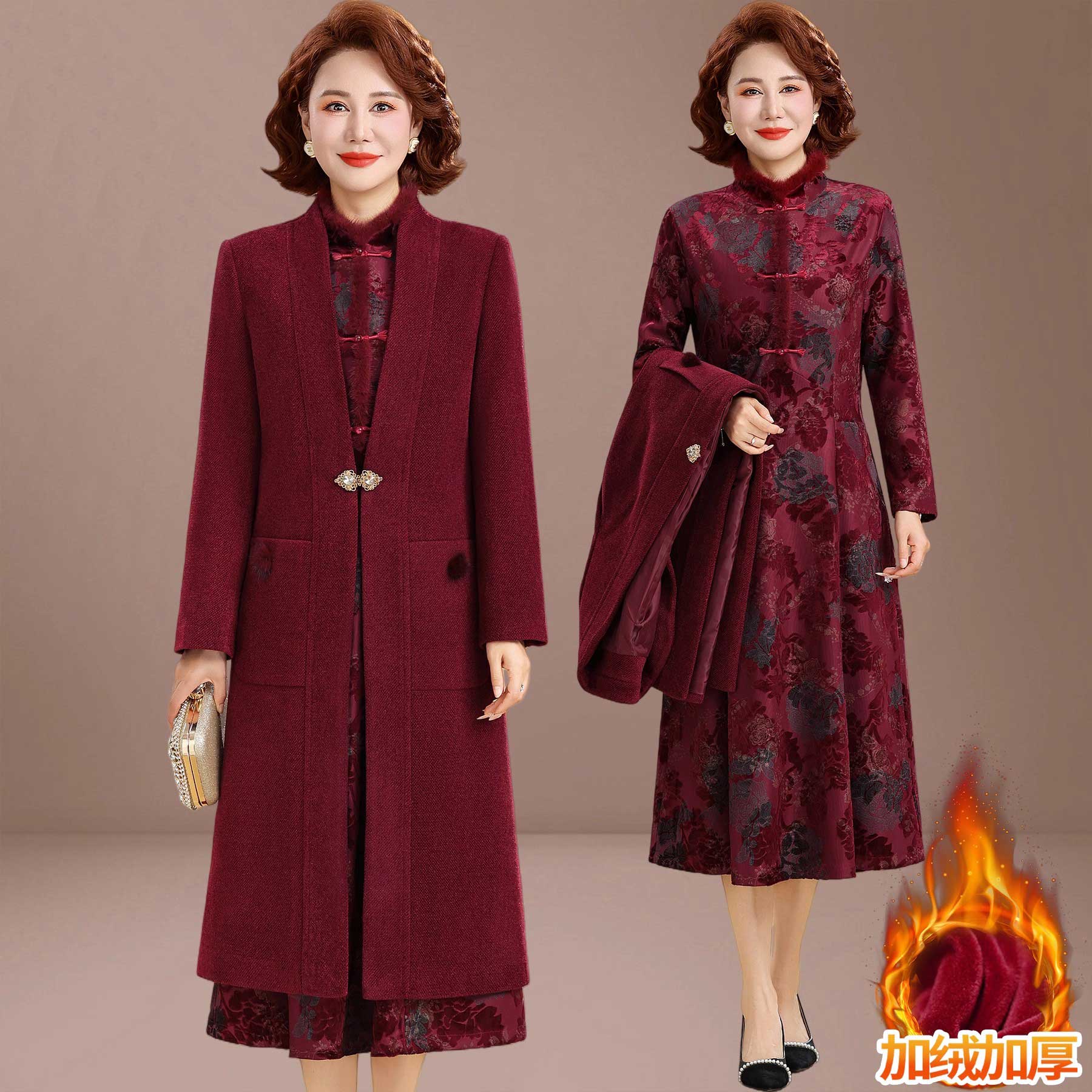 冬天喜婆婆婚宴装加绒加厚两件套中老年女妈妈冬装结婚礼服连衣裙