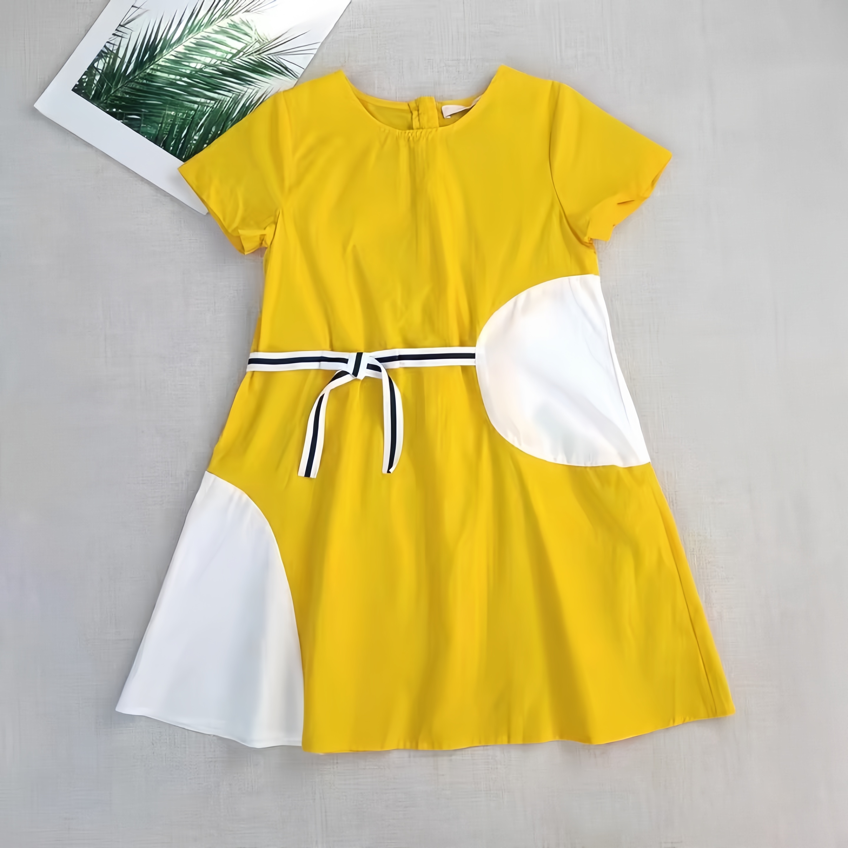 【清仓】110-150笛家连衣裙女童夏季纯棉撞色蝴蝶结短袖连衣裙