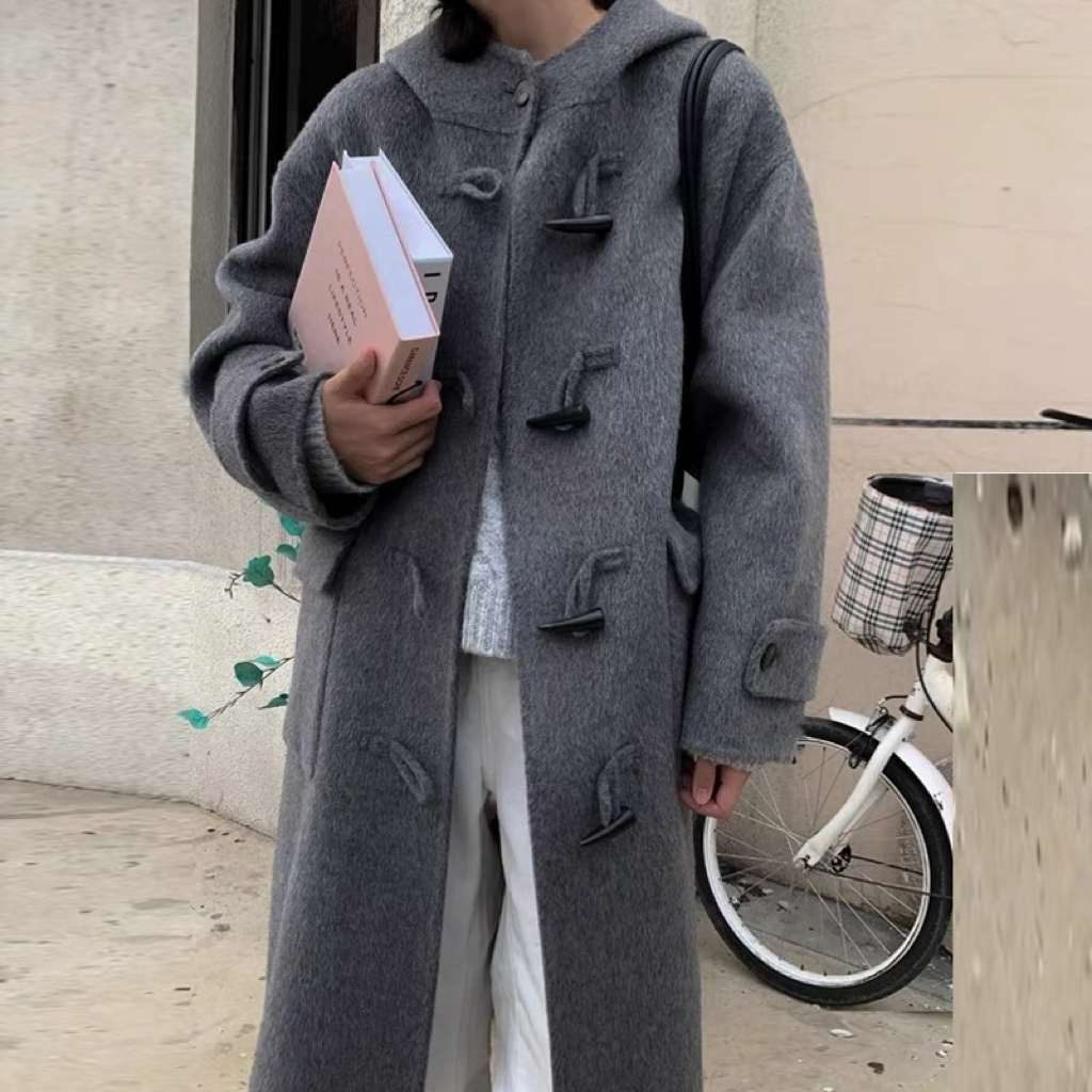 小明家-秋冬韩系牛角扣双面羊毛大衣学院风连帽长款羊毛外套百搭