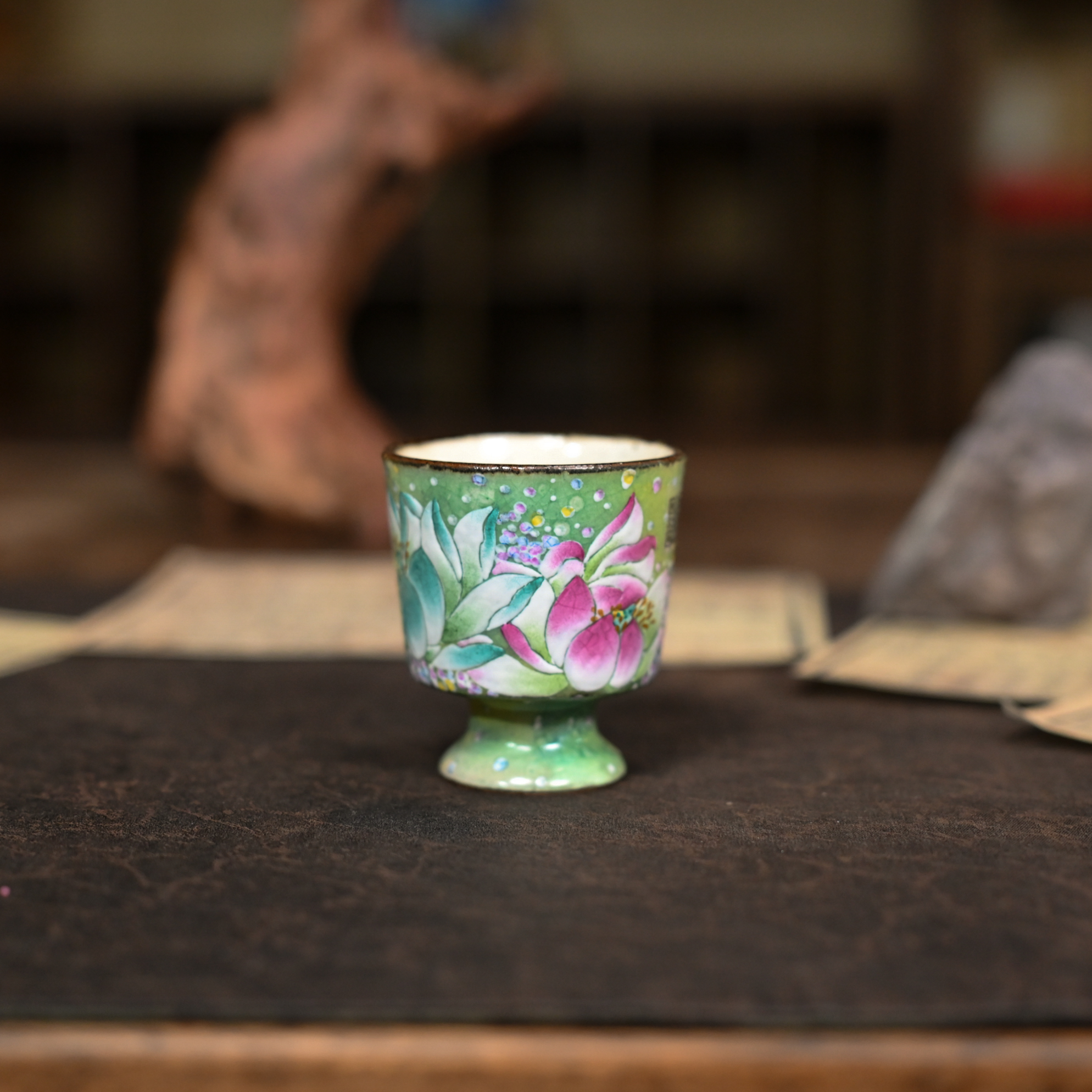 【九姐爱喝茶】并蒂莲油画风高足杯（蕉白S0838）