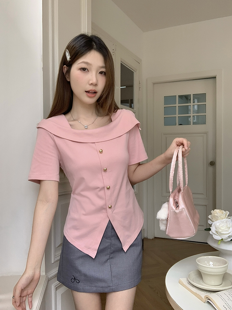 【涵胖胖】夏装新款大码女韩版甜美一字肩不规则短袖上衣KX33667【B】