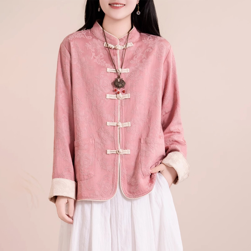 中式盘扣上衣女春季薄款中国风对襟立领长袖棉麻衬衫外套女式