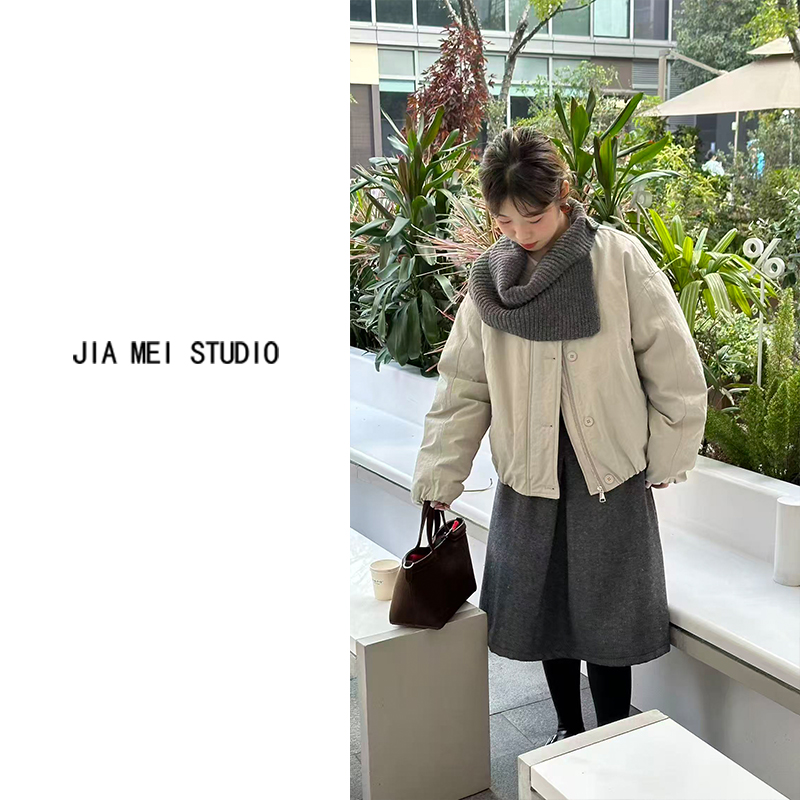 A233韩系2025冬季设计感针织披肩单排扣百搭保暖羽绒服短外套女潮