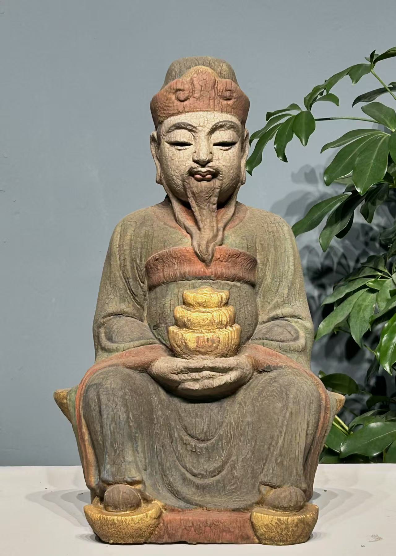 木雕彩绘财神摆件  皮壳沧桑完美