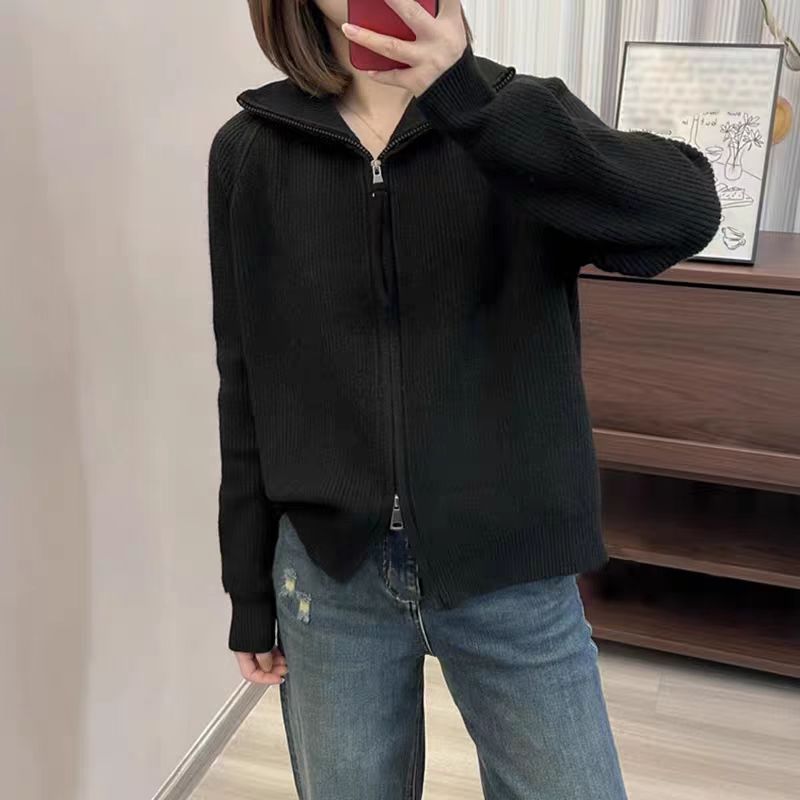 【双拉链-黑】秋冬新款半高领针织开衫上衣女慵懒风显瘦毛衣外套