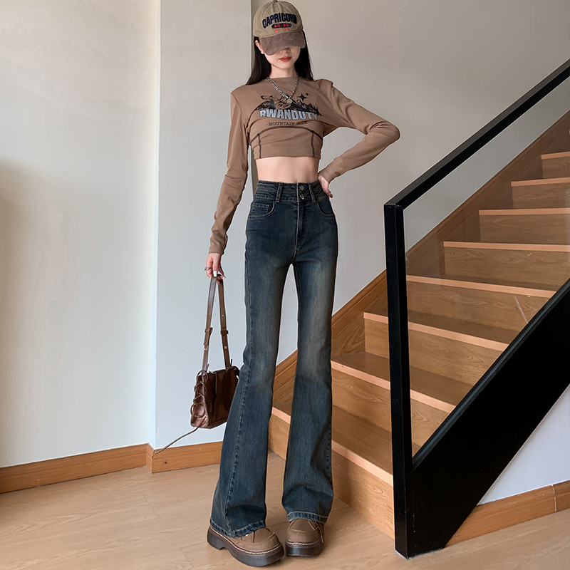2025秋冬新款高腰阔腿复古宽松显瘦弹力修身微喇叭裤牛仔裤裤子