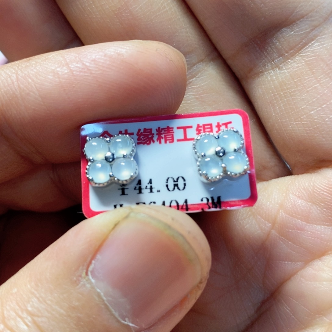 翡翠耳饰银S925镶嵌缅甸翡翠A货耳钉四叶草