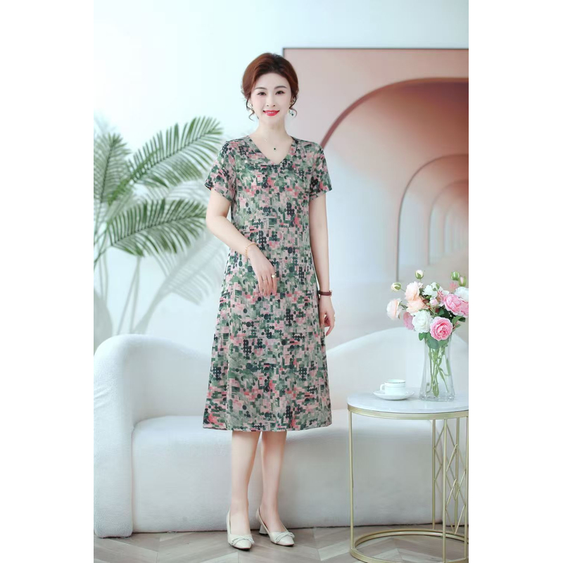 绿棋盘格裙  气质中长款夏季时尚连衣裙百搭遮肉裙子10184