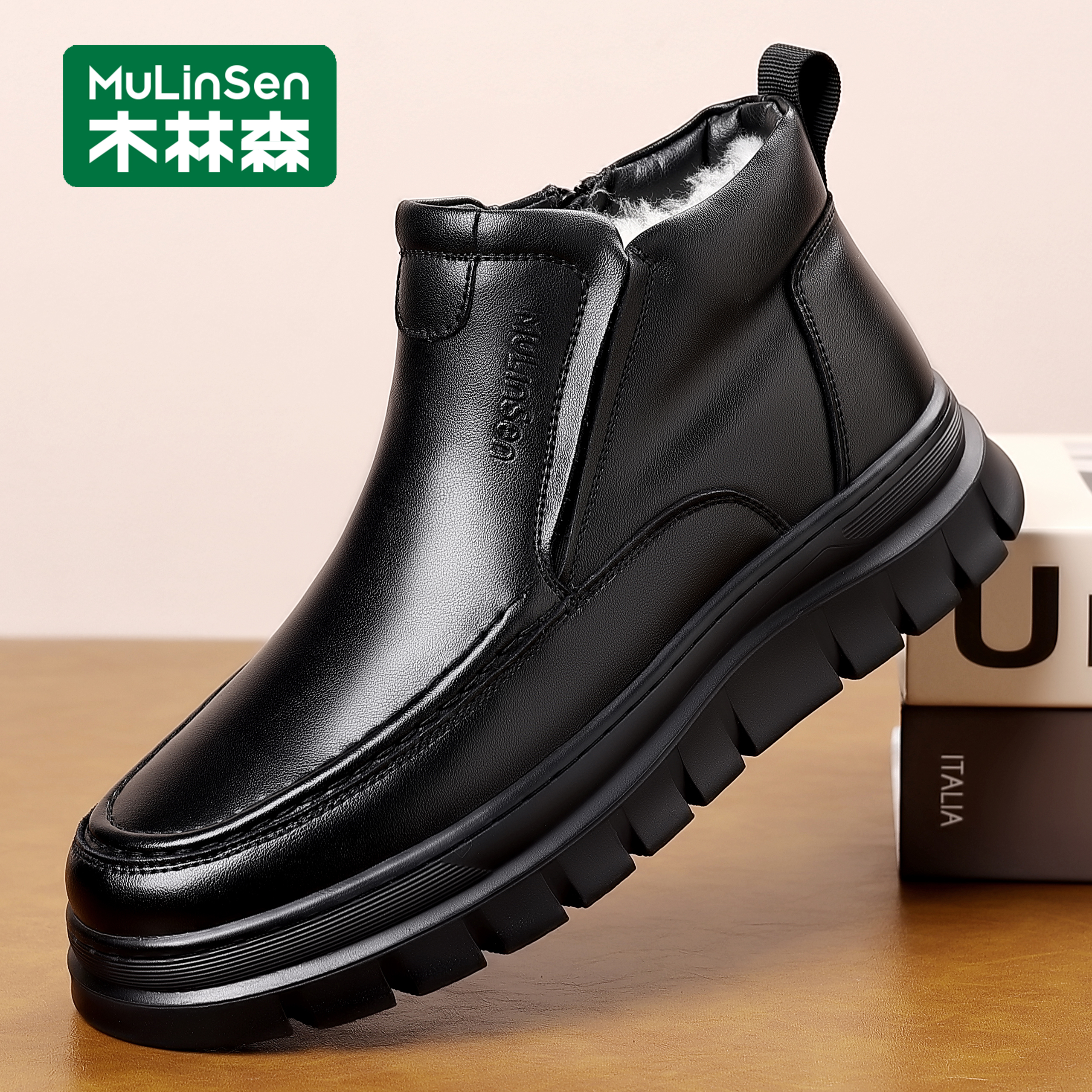 木林森皮鞋男款2025冬季新款真皮羊毛雪地靴加绒保暖加厚棉鞋男鞋