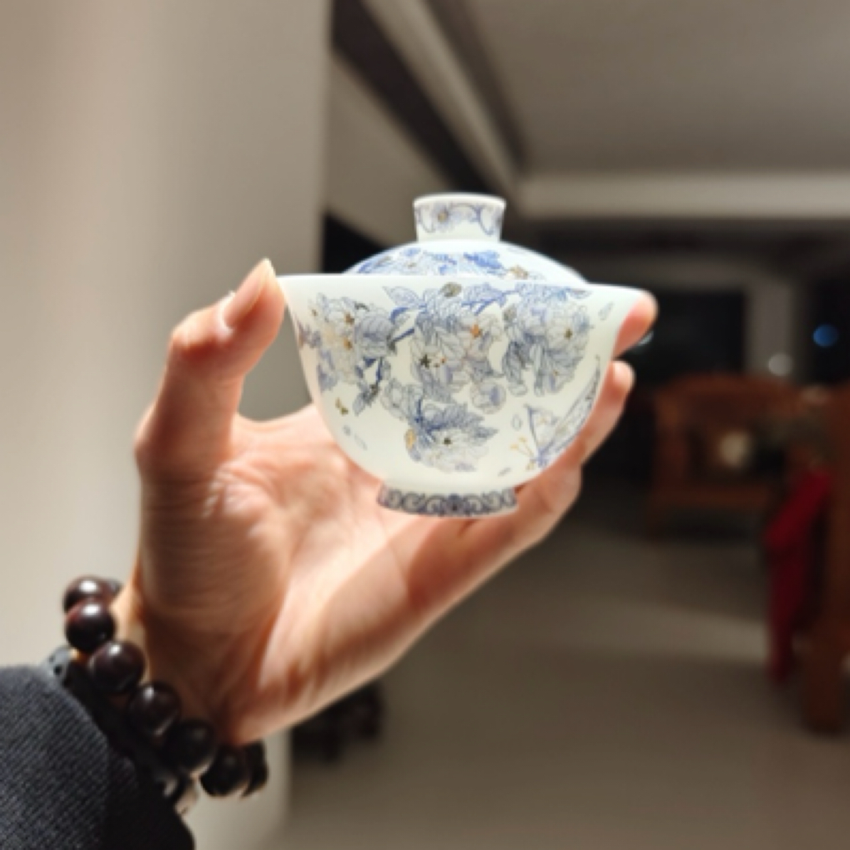 蝶恋花冰种玉瓷鎏金三才盖碗陶瓷功夫茶具描金