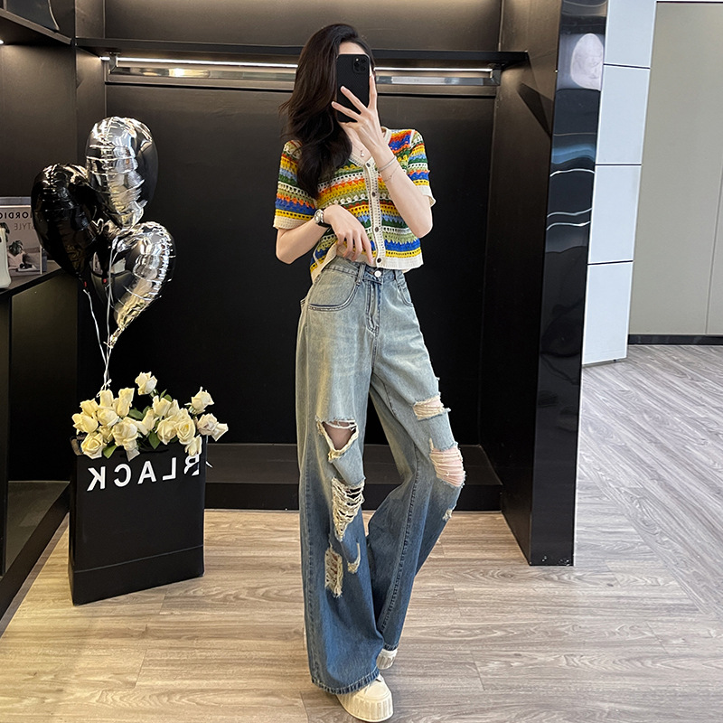 时髦炸街休闲时尚套装女夏季冰丝针织短袖上衣阔腿牛仔裤两件套潮