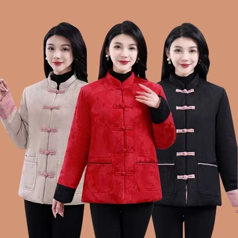 100%新疆长绒缎面手工盘扣棉服厚款2025年新款提花棉衣复古棉袄子