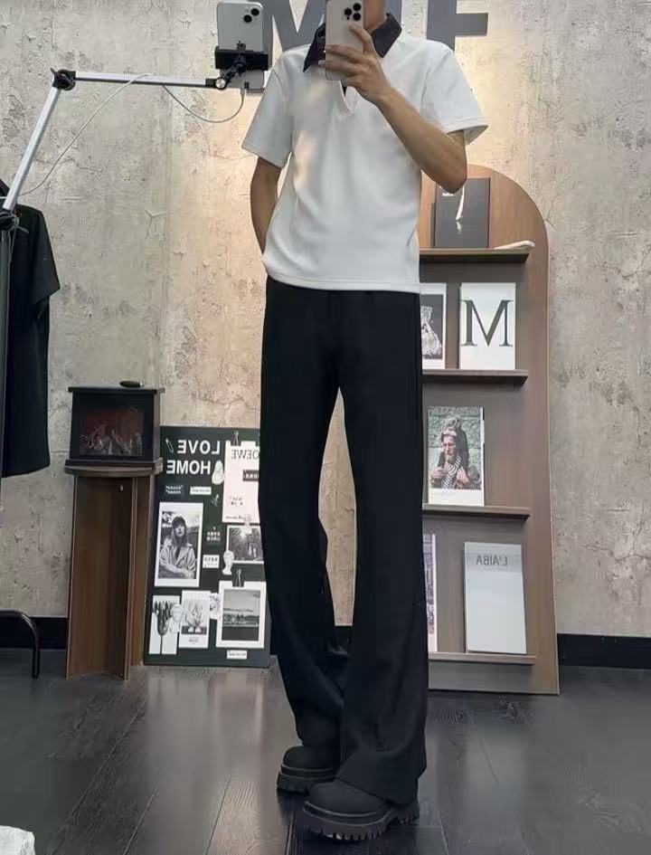 美式垂坠感黑色微喇叭西裤男款春秋款加长显高子直筒弯刀裤子