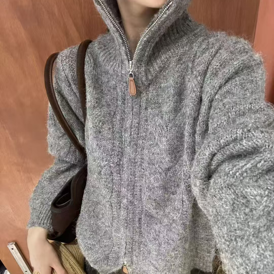 皮拉链慵懒风立领针织纯色冬季毛针织衫打底带帽毛衣