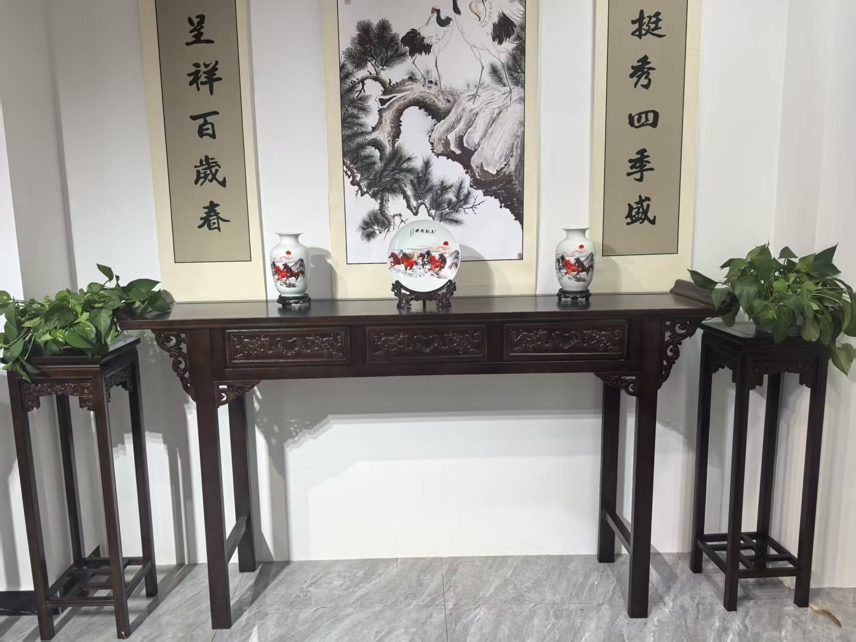 古典乌金实木中堂六件套条案供桌中式乌金实木家具农村堂屋四件套