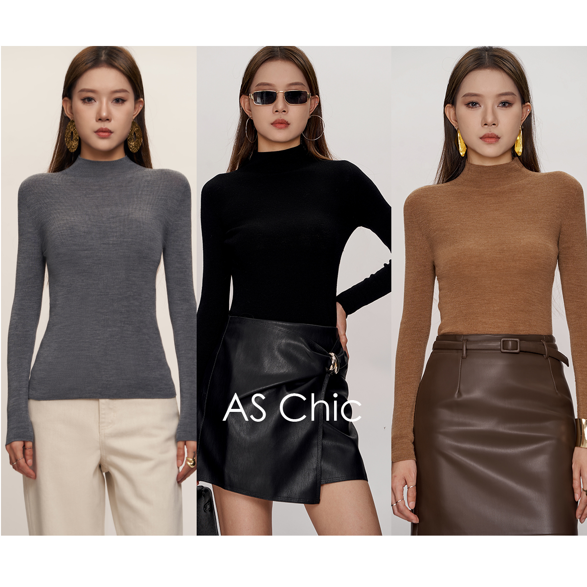 AS chicAW（半高领）扬子纱无缝一线成衣长袖打底衫ASM1519