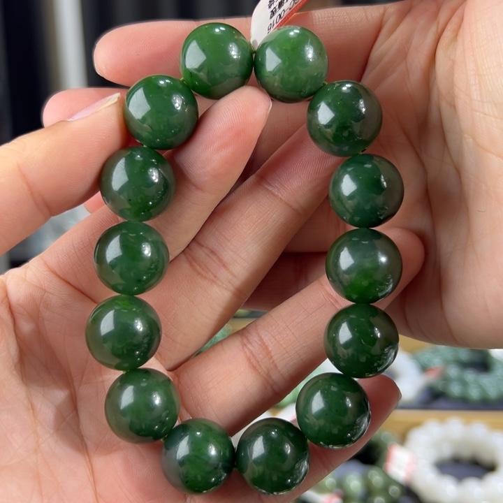 和田玉手串未镶嵌俄罗斯碧玉菠菜绿卡15➕圆珠
