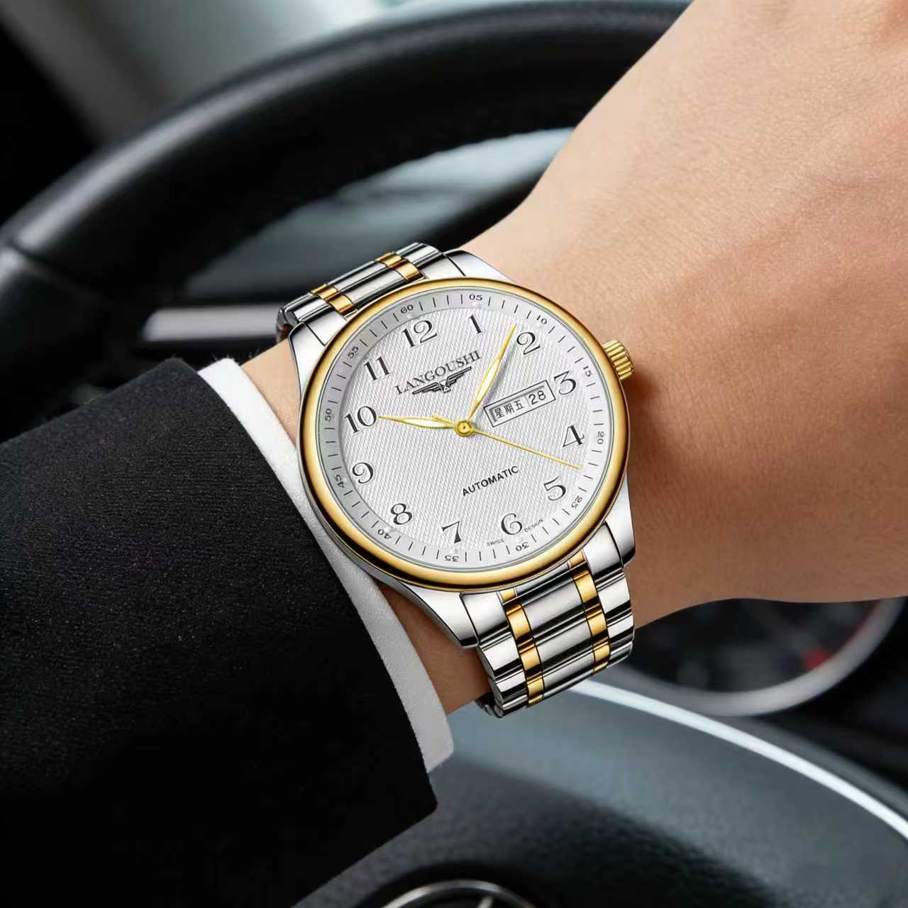 【专柜正品】经典间金系列自动镂空高端夜光防水双日历男士手表a