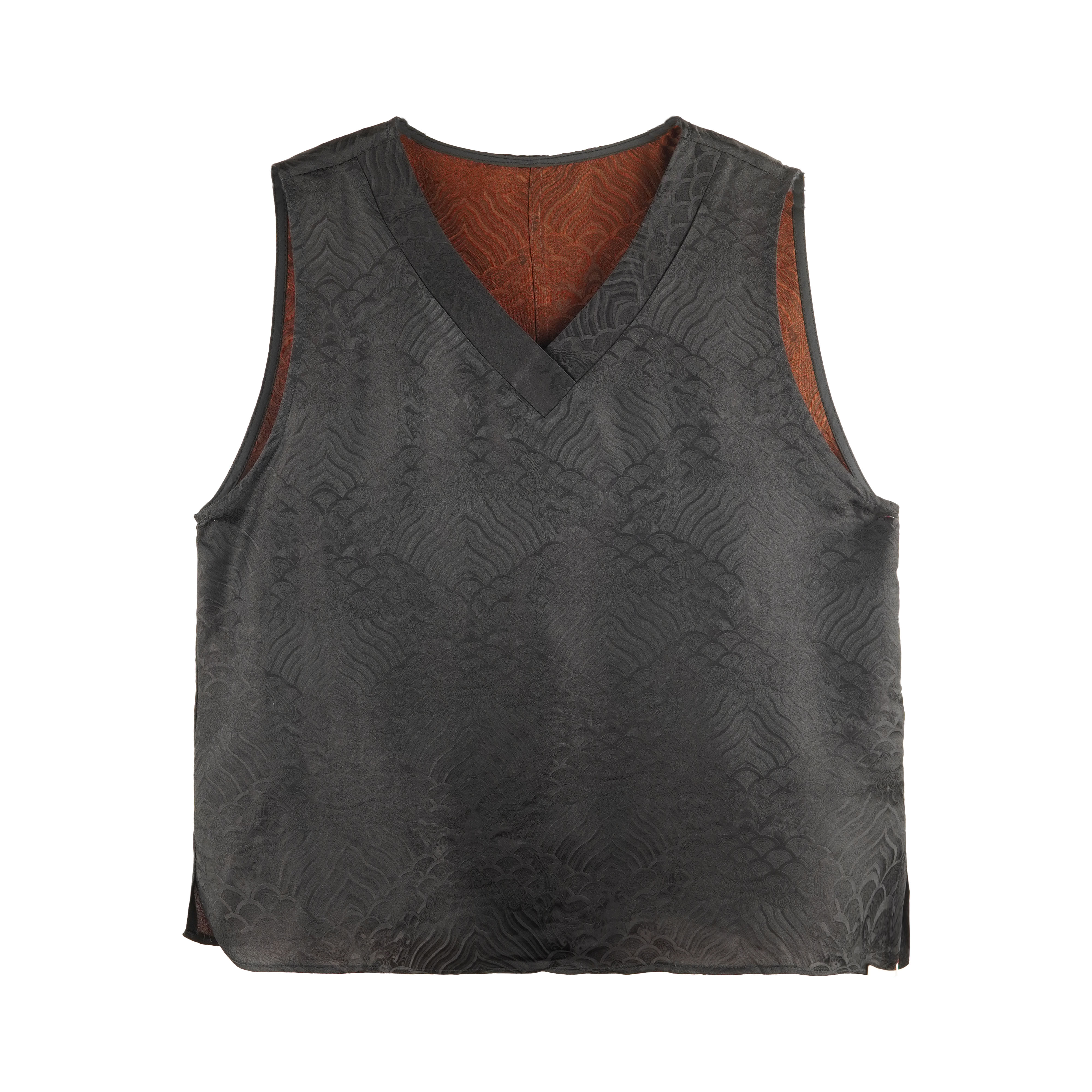 七七 2025新款时尚国风黑色海浪纹百搭宽松V领背心 236898-12