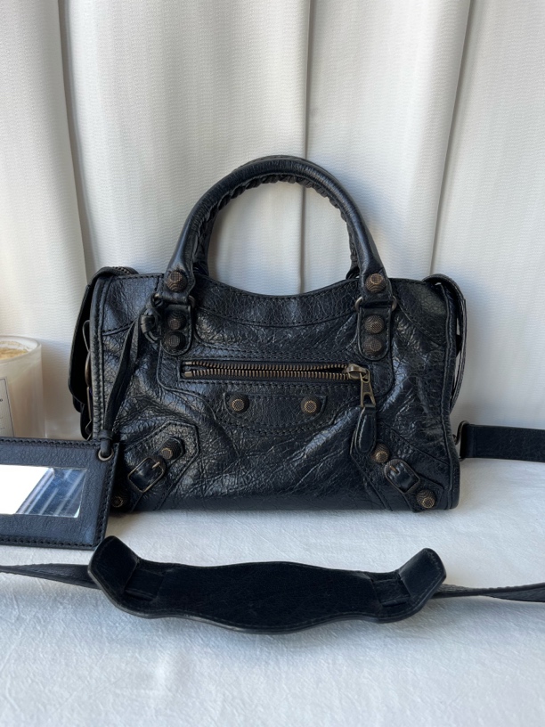99新 Balenciaga/巴黎世家 经典黑色迷你机车包手提单肩斜挎包