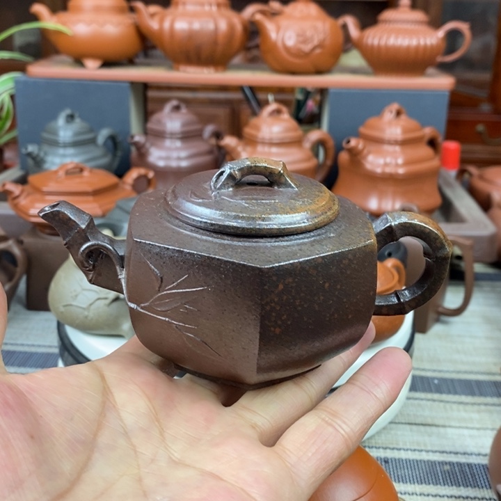 紫砂茶壶六方竹节180-200Cc原矿老紫泥柴烧特价