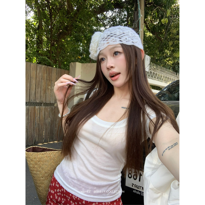 YISHEZ “氧气Tee”正肩大U领透感慵懒纯欲纯色上衣短袖t恤女