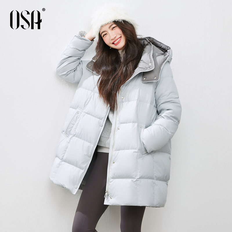 【新东方专属】欧莎中长款连帽高级感撞色领白鸭绒外套S125D20006