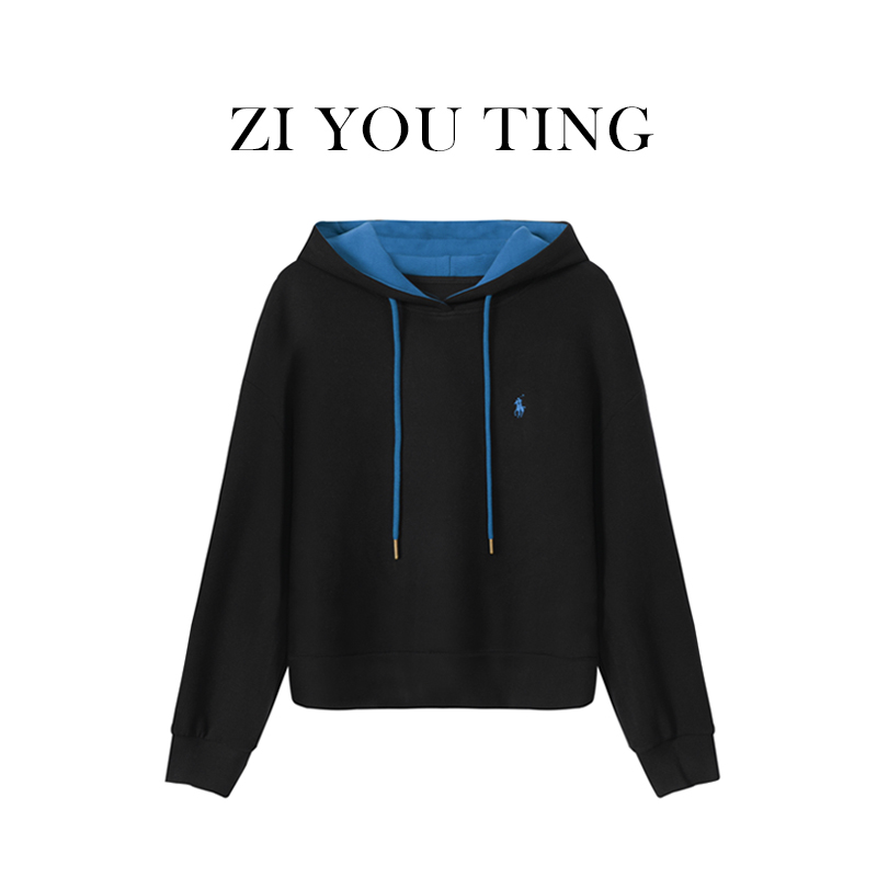 加厚款磨毛刺绣卫衣女秋冬新款时尚拼色连帽套头宽松上衣0685