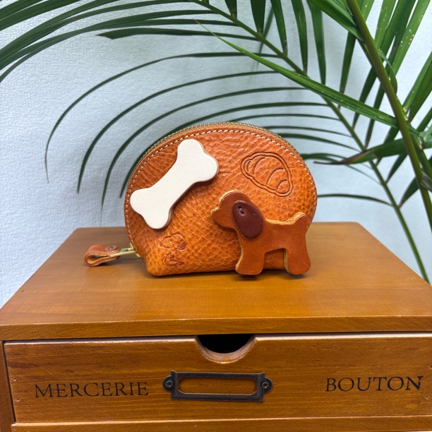 植鞣头层牛皮狗骨头小贝壳零钱包84906