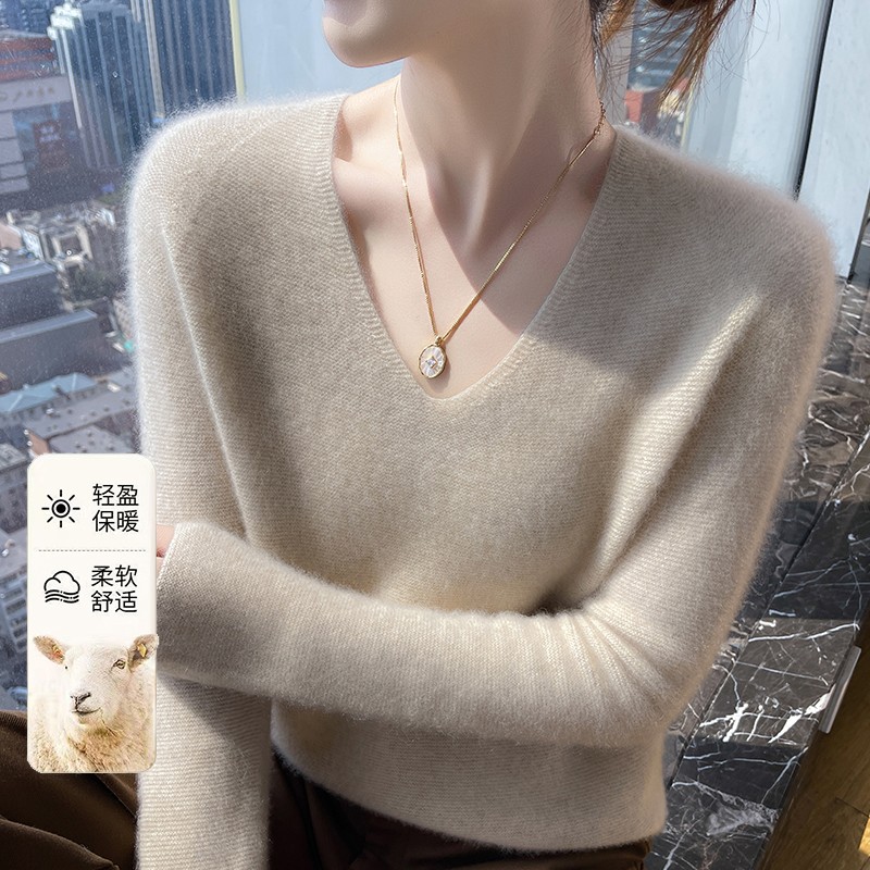 [无缝]羊绒衫女100%羊绒衫V领秋冬季薄款针织打底衫羊毛百搭毛衣