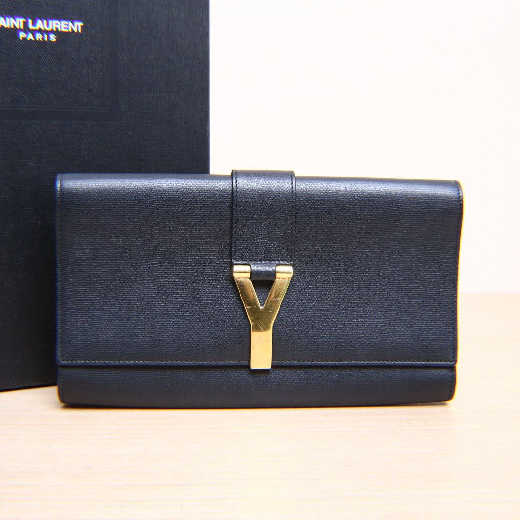 95新 YSL/圣罗兰 小花攀攀Y扣 Clutch手拿包 黑色皮革C