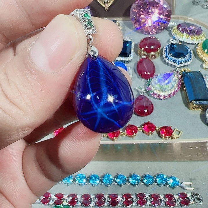 非金属红色蓝色满镶嵌吊坠戒指