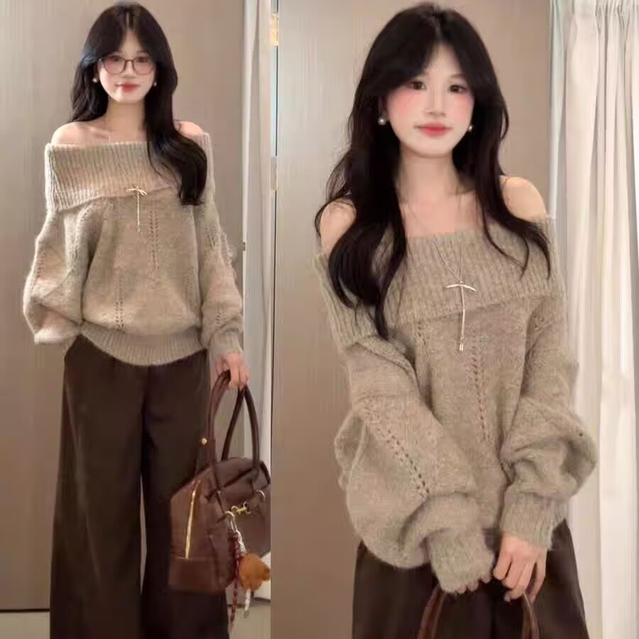 法式一字肩毛衣女秋冬季韩系氛围感穿搭宽松慵懒风露肩针织衫上衣