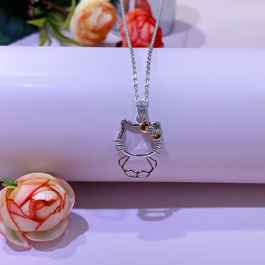 坠链均925银锆石 银鹤轩Kitty猫足银项链吊坠