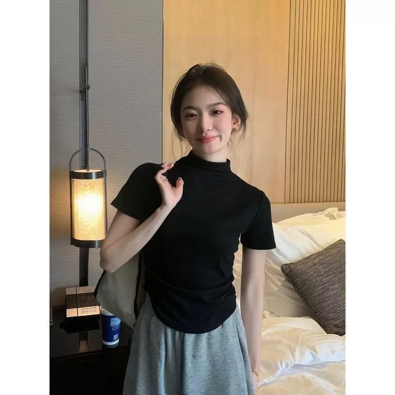 夏季短款短袖T恤女休闲简约修身打底衫不规则上衣女A096