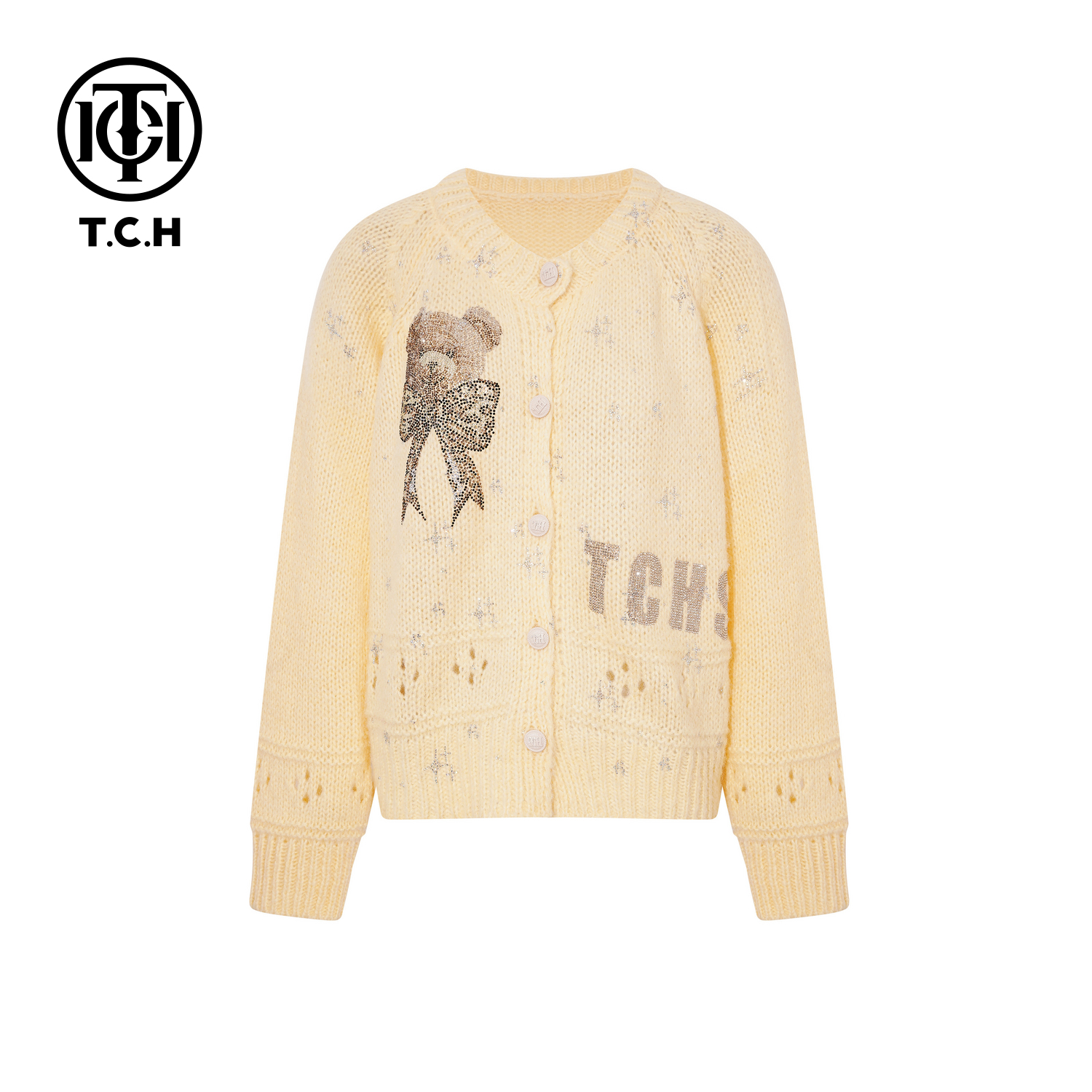TCH【气质百搭】冬款时尚烫钻黄色休闲风女装针织开衫T75D43E1085