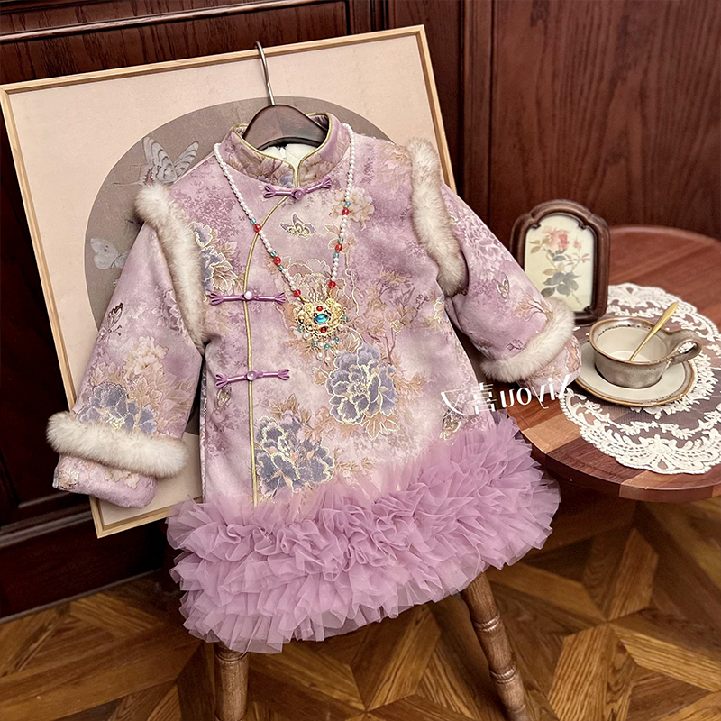 花香蝶舞 2025冬款女童新中式牡丹加绒加厚国风连衣裙拜年服25842