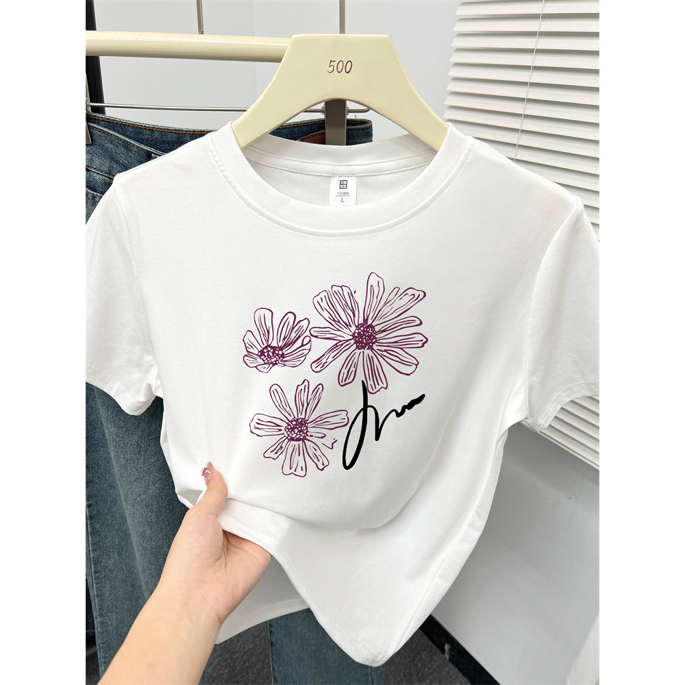 2025新款上衣显瘦修身辣妹短袖t恤女夏季胖mm大码小花印花时尚