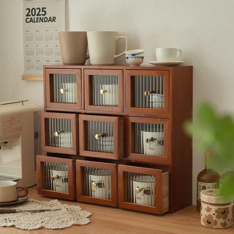 复古桌面收纳盒实木香水杯子收纳柜化妆品办公室木质抽屉立柜客厅