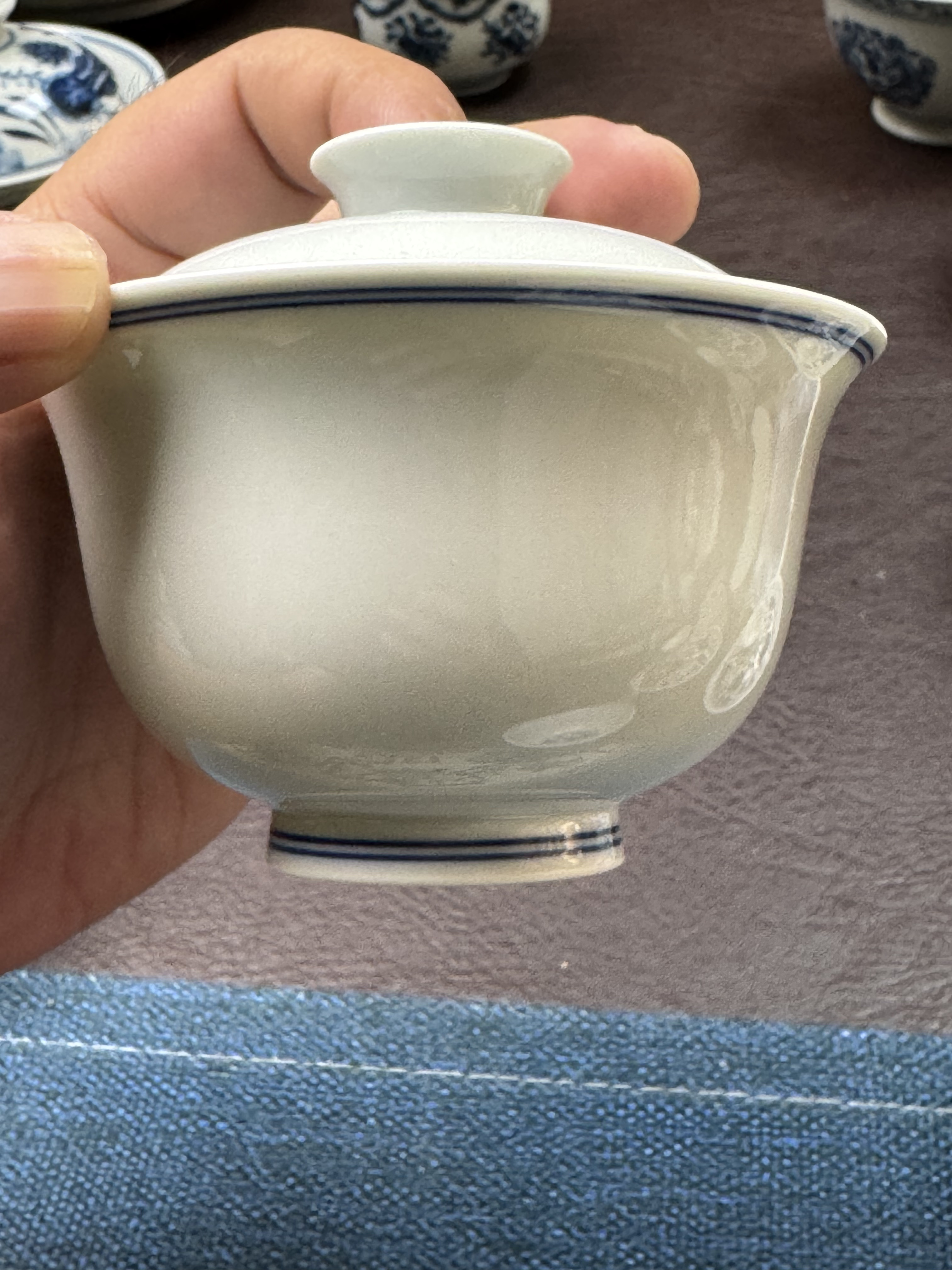 景德镇纯手工手绘经典素胎蓝圈盖碗容量120cc功夫茶具