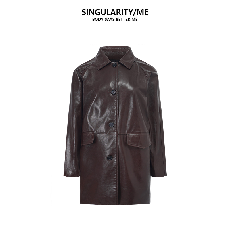Singularity Me 9A 92981 羊皮光泽廓形气场中长款风衣式皮衣外套