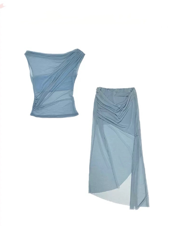 GABBY 斜褶网纱蓝色套装裙QC998